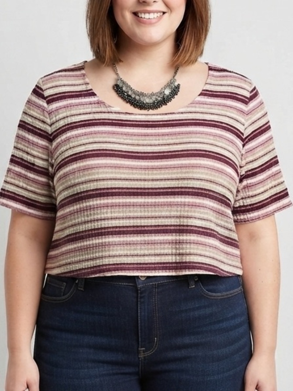 😍SHOW SPECIAL VINTAGE ADDITION ELLE Puckered Striped Short Sleeve Stretch Tee 1X